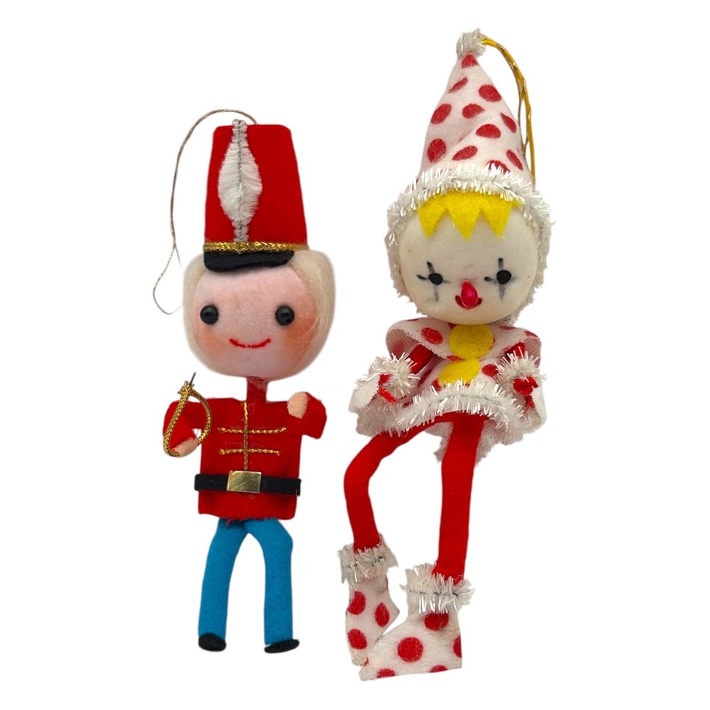Vintage Felt Christmas Ornaments Lot of 2 Japan Pixie Clown & Toy Soldier